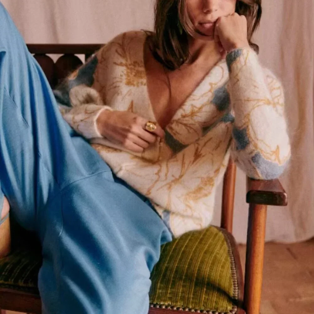 BEST Sezane Lisette Jumper XS/M Celeste Blue Floral Cardigan French Knit Sweater - Picture 2 of 8